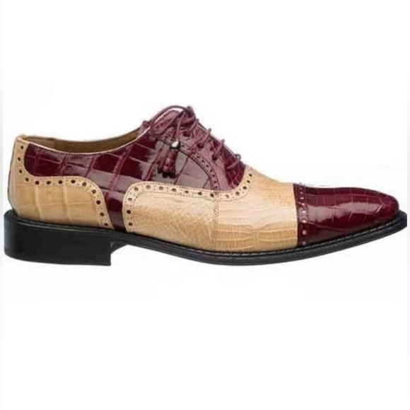 Ferrini Mens Alligator Skin Ostrich Quill Leather Oxfords Shoe Burgundy Wine Tan main image 15